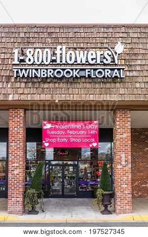Burke USA - February 15 2017: 1-800-flowers floral store with red Valentine's Day sign