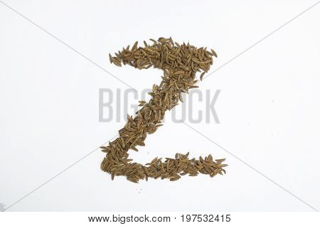 Written letters with carum carvi on white background