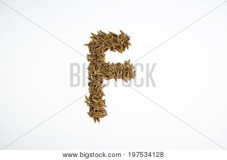 Written letters with carum carvi on white background