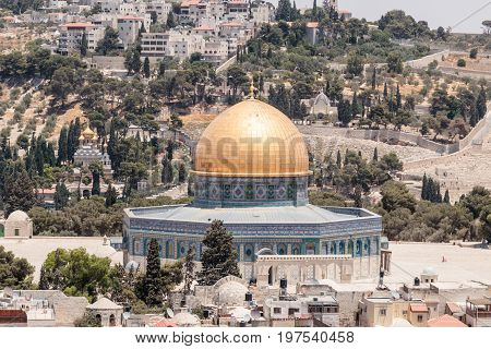 View of the Temple Mount and Jerusalem from the Corner tower of the Evangelical Lutheran Church of the Redeemer in the old city of Jerusalem Israel.