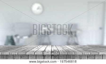 3D render of a wooden table looking out to a defocussed room interior