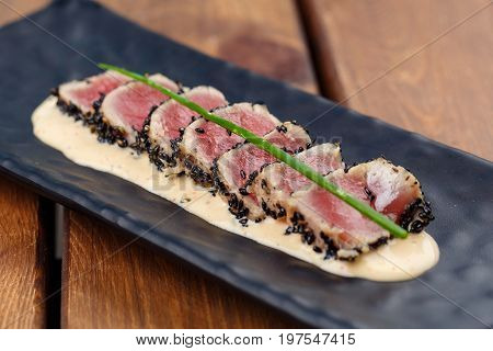 aerial view of freshly seared Ahi tuna and mashed potato appetizer