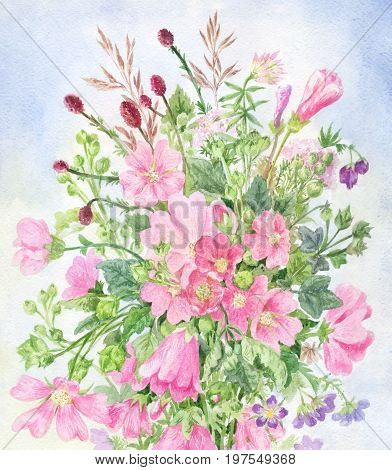Pink wildflowers. Field bouquet with mallow bugbear field herbs