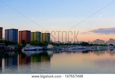 Moscow Russia June 12 2017: New buildings in Moscow at dawn. New multi-colored houses on the Projected passage (opposite the Nagatinskaya embankment).