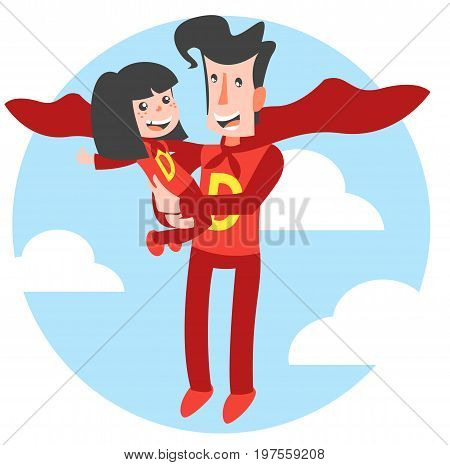 Super Dad and Super Daughter are hovering in the clouds. Flat style illustration. Super hero daddy in superhero costume with children