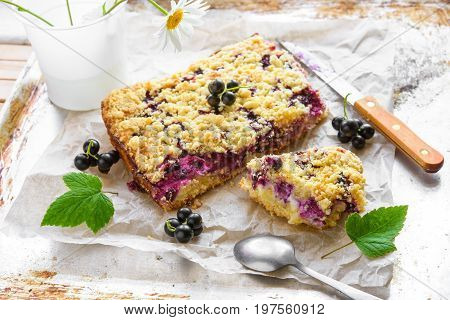 Black currant and cottage crumble cake with green leaves on baking paper and rustic background