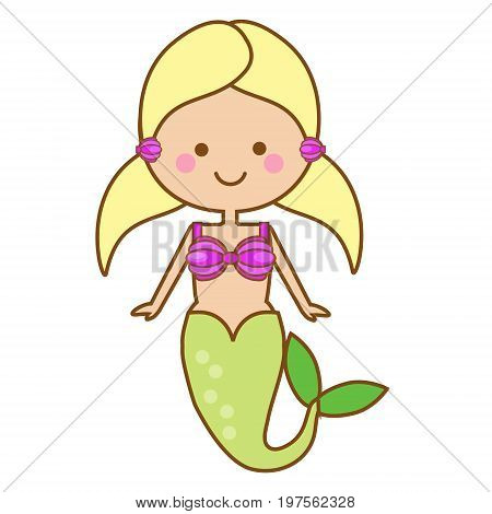 Cute kawaii Mermaid character in Cartoon Style. vector illustration. Fairy undine princess. Sticker, kids vector illustration,