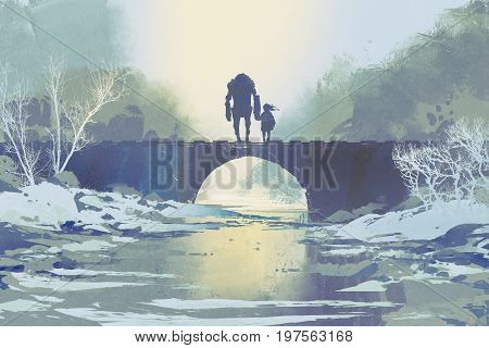 robot and little girl standing on bridge in winter, digital art style, illustration painting