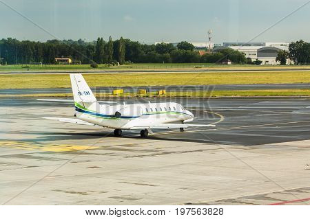 PRAGUE, CZECH REPUBLIC - JUNE 16, 2017: Cessna 680 Citation Sovereign OK-EMA Is waiting.