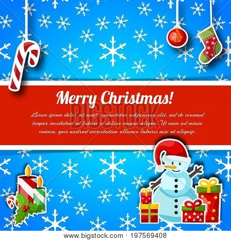 Happy new year and merry christmas card with colorful holiday winter symbols on blue background with snowflakes vector illustration