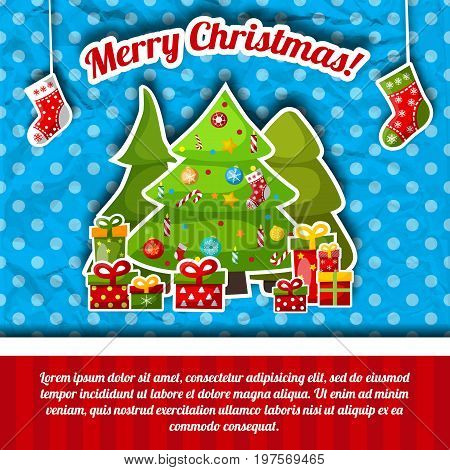 Colorful winter merry christmas card with decorated trees presents and text field at bottom flat vector illustration