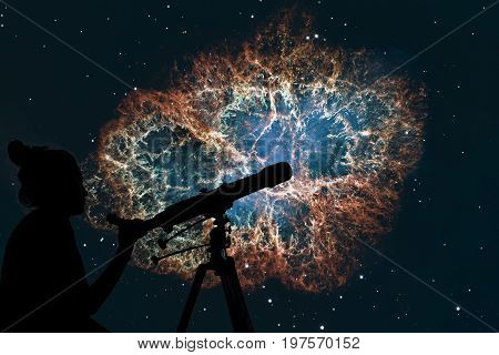 Girl Looking At The Stars With Telescope. Crab Nebula In Constellation Taurus. Supernova Core Pulsar