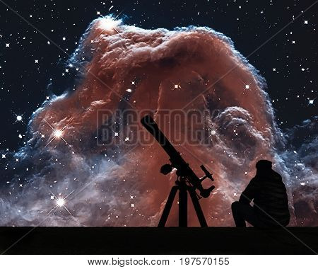 Man With Telescope Looking At The Stars. The Horsehead Nebula In The Constellation Of Orion (the Hun