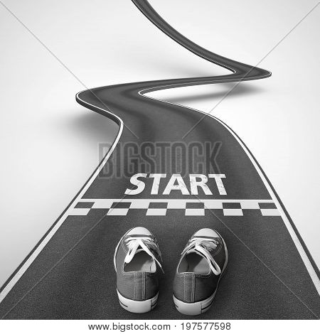 Shoes behind the starting line in a winding road on white background that rise up to reach the targets. 3D Rendering