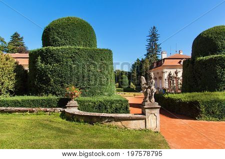 Baroque chateau Buchlovice in the Czech Republic. Classical baroque building. Tourism in Central Europe. Ornamental gardens