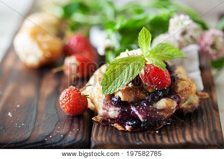Blueberry Cake Decprated With Fresh Strawberry