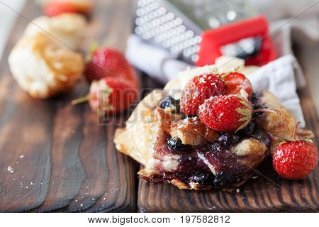 Blueberry Cake Decprated With Fresh Strawberry