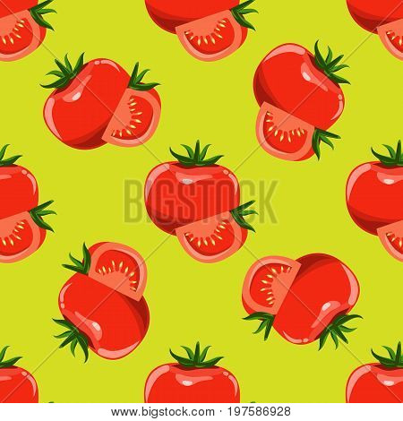 Tomatoes and slices of tomato seamless background. Flat and solid color design. Vector illustration.