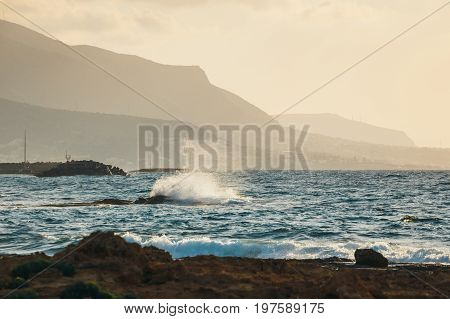Landscape Of Beautiful Coast During Sunset Near Malia, Crete,  Greece