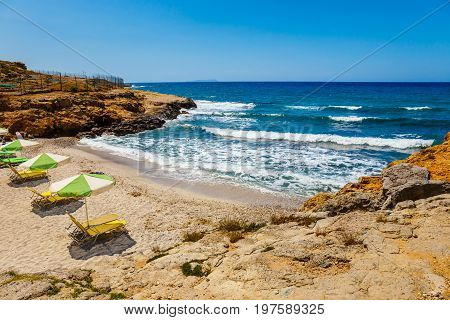 Landscape Of Beautiful Coast During Sunset Near Malia, Crete,  Greece