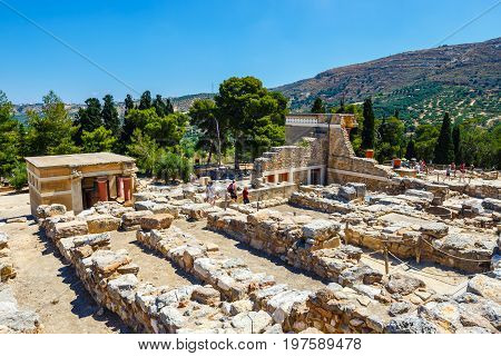 Knossos, Crete, June 10, 2017: Scenic Ruins Of The Minoan Palace Of Knossos. Knossos Palace Is The L