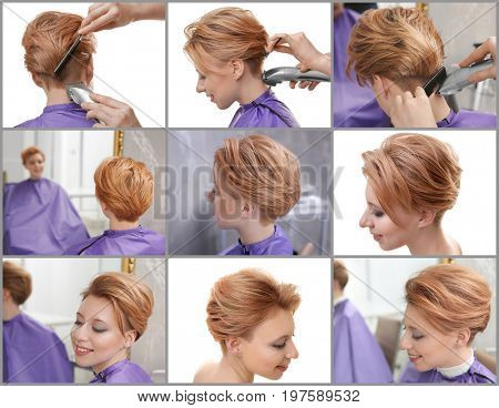 Collage of young woman having hair cut at barbershop