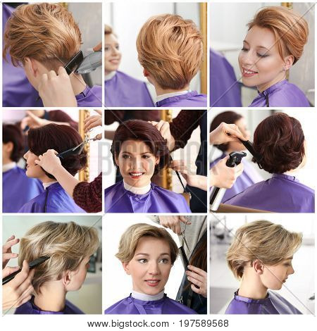 Collage of young women having hair cut at barbershop