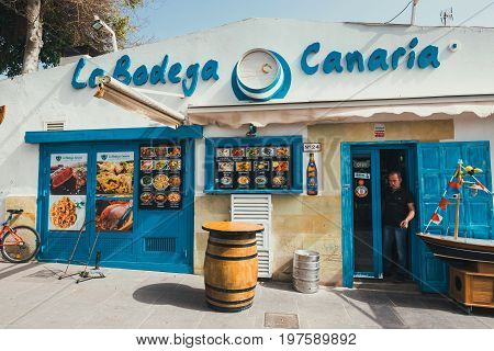 Coralejo, Fuerteventura Island, Spain - April 03, 2017: Street View Of Corralejo With Bars And Resta
