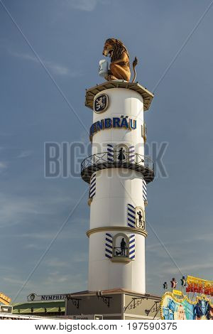 Munich, Germany - September 24, 2016: Famous tower of the Loewenbraeu beer tent with the lion sculpture on top