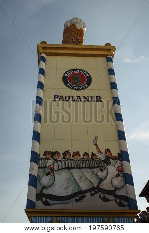 Munich, Germany - September 24, 2016: Roof of the Paulaner tower with the famous beer stein