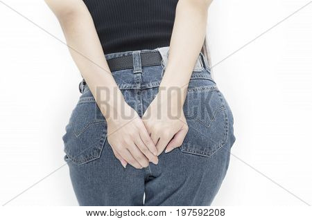 Woman has diarrhea holding her bum, pain in the butt, isolated on white background