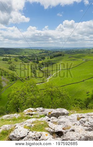 Malham Cove view from the top Yorkshire Dales National Park UK