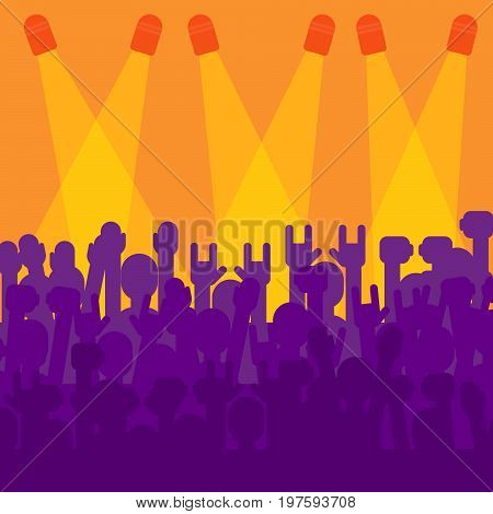 Crowd in front of concert scene vector. Light spots on stage, music festival.