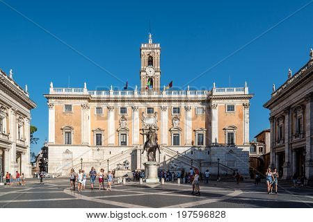 Rome Italy - August 20 2016: View of Square of Campidoglio created by Renaissance artist and architect Michelangelo Buonarroti a sunny summer day in Rome