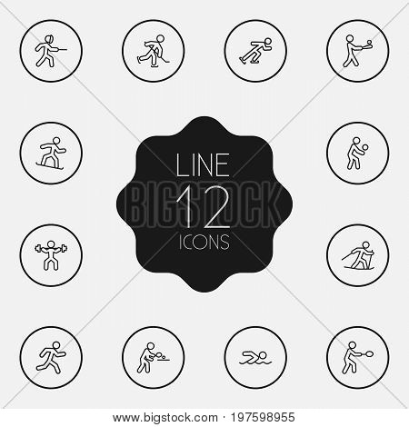 Collection Of Diving, Swordplay, Ice Skating And Other Elements.  Set Of 12 Athletic Outline Icons Set.