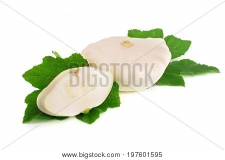 Patty pan Squash with leaf isolated on white background. Pattypan.