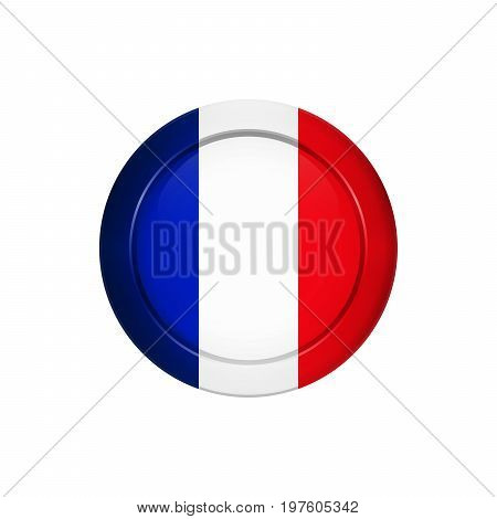 Flag button design. French flag on the round button. Isolated template for your designs. Vector illustration.