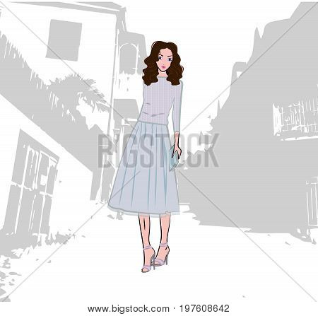 Fashionable cute girl dressed in knitted sweater and pleated skirt with tulle in the old city, vector fashion illustration