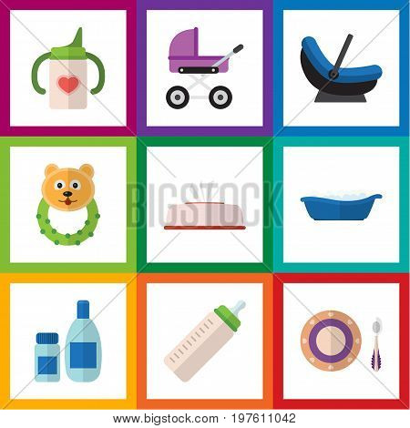 Flat Icon Infant Set Of Nursing Bottle, Bathtub, Tissue And Other Vector Objects