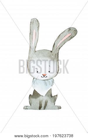 Watercolor rabbit or hare hand drawn with aquarelle technique.