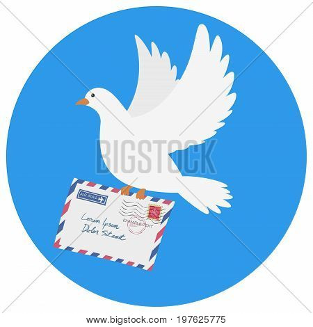 Dove carrying an envelope vector illustration on blue background