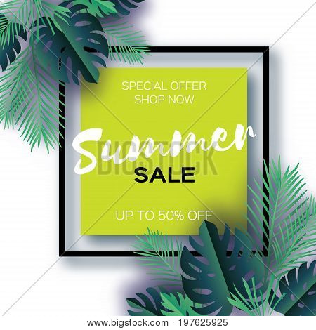 Trendy Summer Sale Template banner. Paper cut art Tropical palm leaves, plants. Exotic. Hawaiian. Space for text. Square frame. Dark green jungle floral background. Monstera, palm. Vector illustration