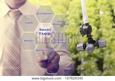 Man hand pressing on Smart Farms Key. Smart Farms concept.
