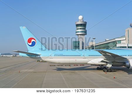 INCHEON, SOUTH KOREA - CIRCA MAY, 2017: Korean Air aircraft on tarmac at Incheon International Airport. Incheon International Airport is the primary airport serving the Seoul Capital Area.