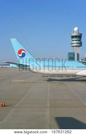 INCHEON, SOUTH KOREA - CIRCA MAY, 2017: Korean Air aircraft on tarmac at Incheon International Airport. Incheon International Airport is the primary airport serving the Seoul Capital Area.
