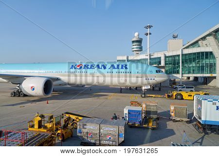 INCHEON, SOUTH KOREA - CIRCA MAY, 2017: Korean Air aircraft on tarmac at Incheon International Airport. Incheon International Airport is the primary airport serving the Seoul Capital Area.