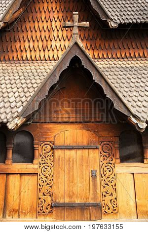 Old Heddal Stave church in Norwegian village.
