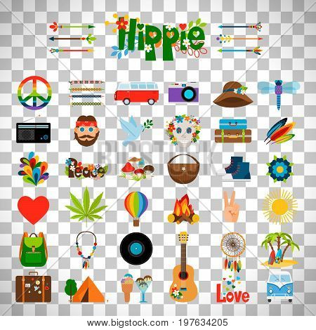 Hippie flat icons, vector hippie signs isolated on transparent background