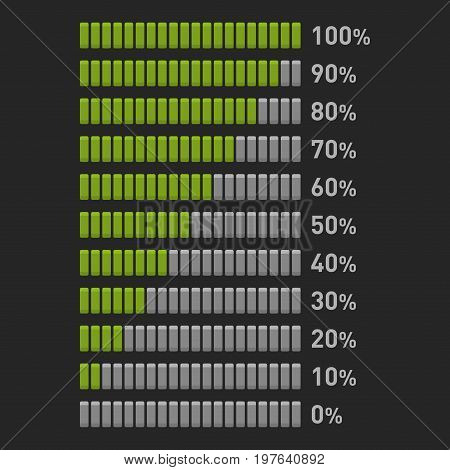 Green Progress Bar Set on Dark Background. Vector illustration