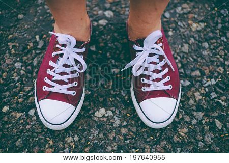 Fashion Hipster Cool Woman With Pink Sneakers. Close Up Summer Bright Image Of Woman Feet, Wearing C